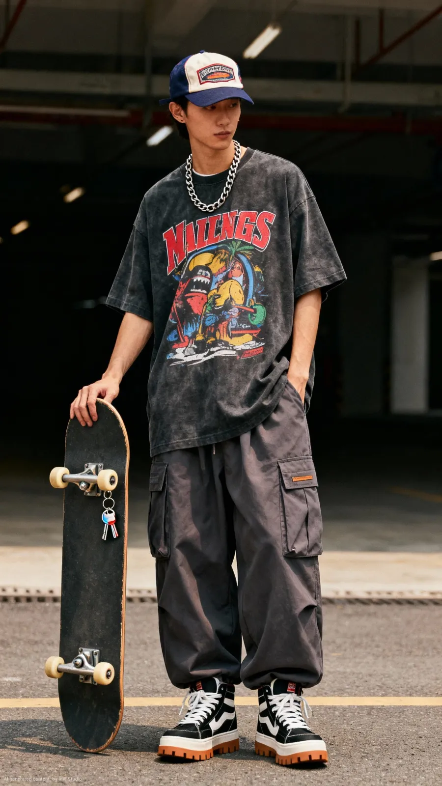 Skater aesthetic — Loose-fit cargo pants, graphic tee with skate-brand-esque art, and Vans Old Skool are core elements.