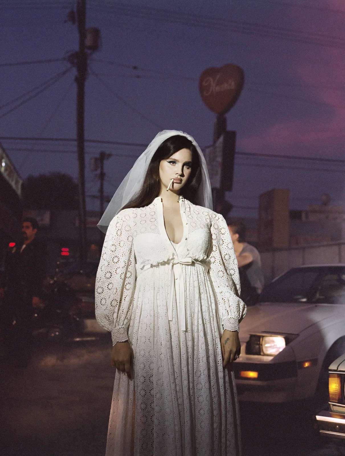 Southern Gothic aesthetic — The broderie anglaise dress, veil, and moody setting directly reference the 'Lana Del Rey Honeymoon-era visuals' and the eerie edge.