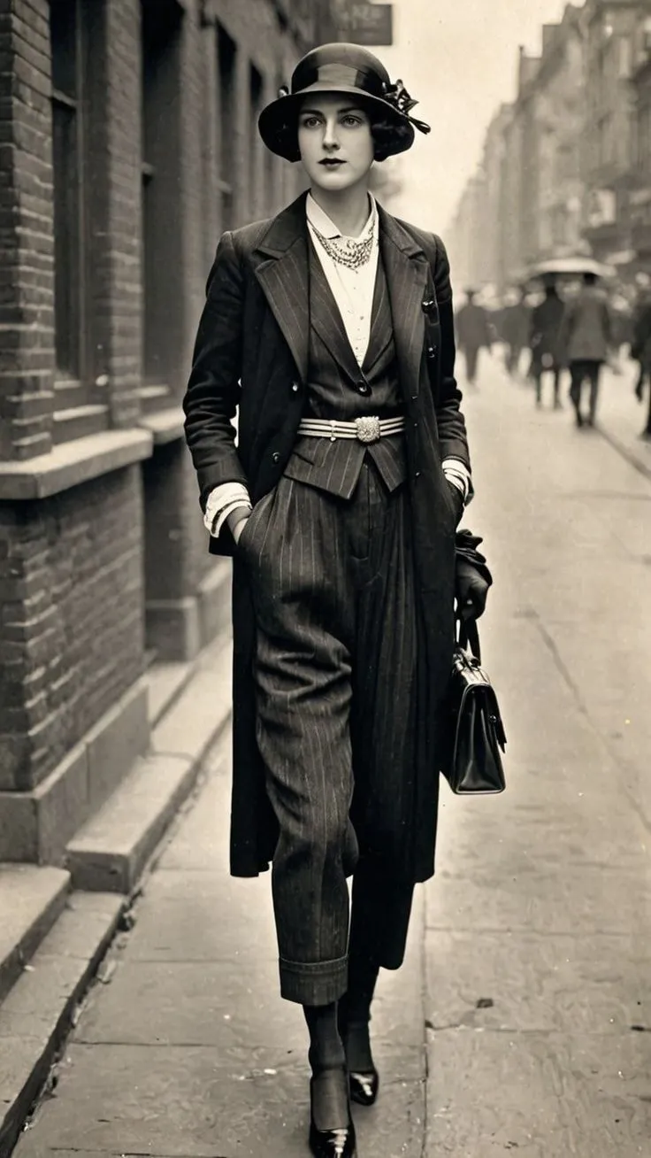 Swingjugend aesthetic — The long overcoat, double-breasted pinstripe suit, Homburg hat, and overall styling are a very strong match for the Swingjugend visual signature.