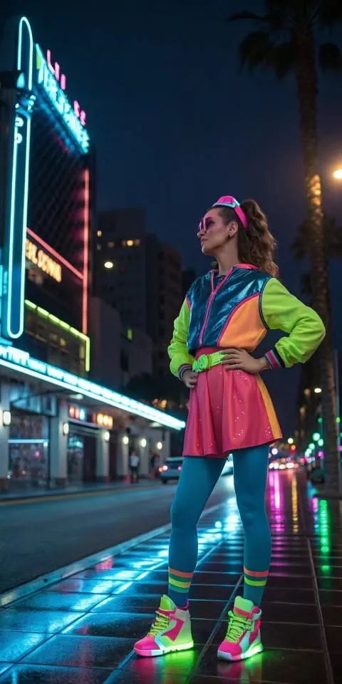 Synthwave aesthetic — The neon-lit urban environment, palm tree silhouette, and the outfit's bright, retro sportswear style (color-blocked jacket, skirt, leggings, sneakers) perfectly capture the 'neon grid horizons' and 'palm tree silhouettes' of the one-liner and the overall mood.