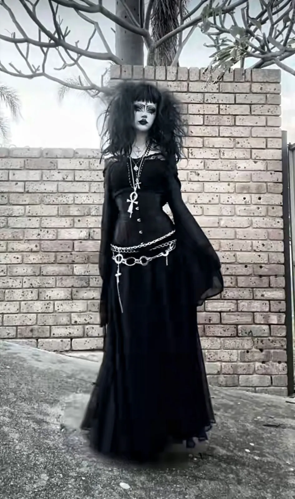 Trad Goth aesthetic — The heavily teased black hair, pale makeup, dramatic eyeliner, all-black layered clothing, ankh jewellery, and flowing sleeves perfectly capture the Siouxsie Sioux-inspired Trad Goth look.