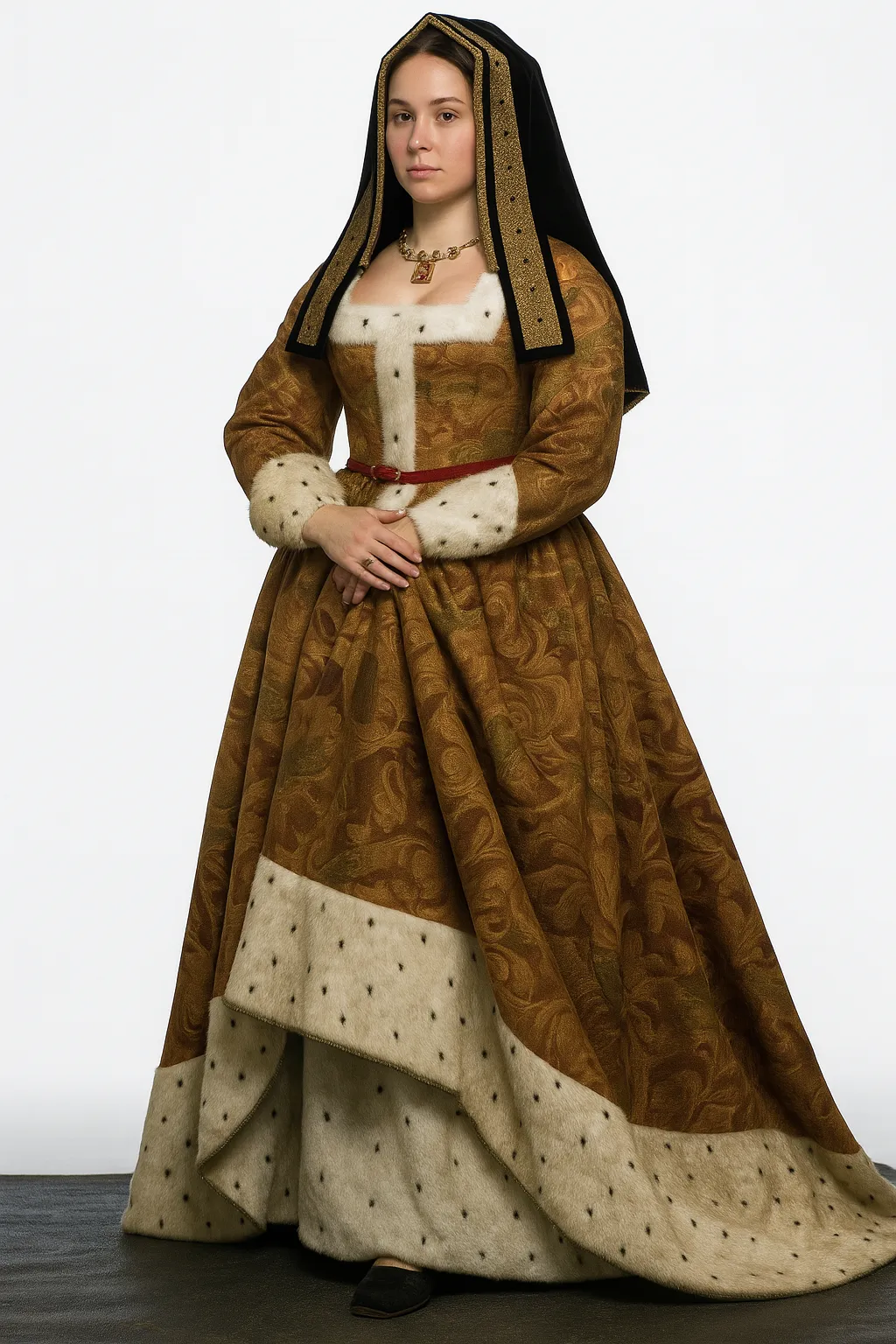 Tudor aesthetic — The gable hood, square neckline with partlet, and the overall silhouette of the gown are direct representations of Tudor female court dress.