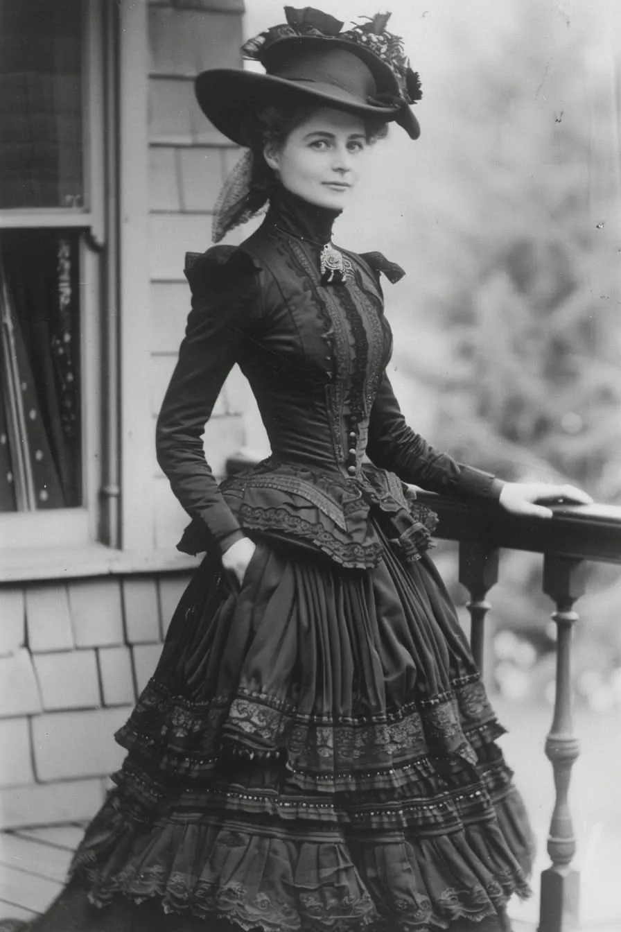Victorian Goth aesthetic — Perfectly captures the Victorian Goth aesthetic with its authentic mourning dress silhouette, high collar, ruffled skirt, and hat, directly referencing the 19th-century era.