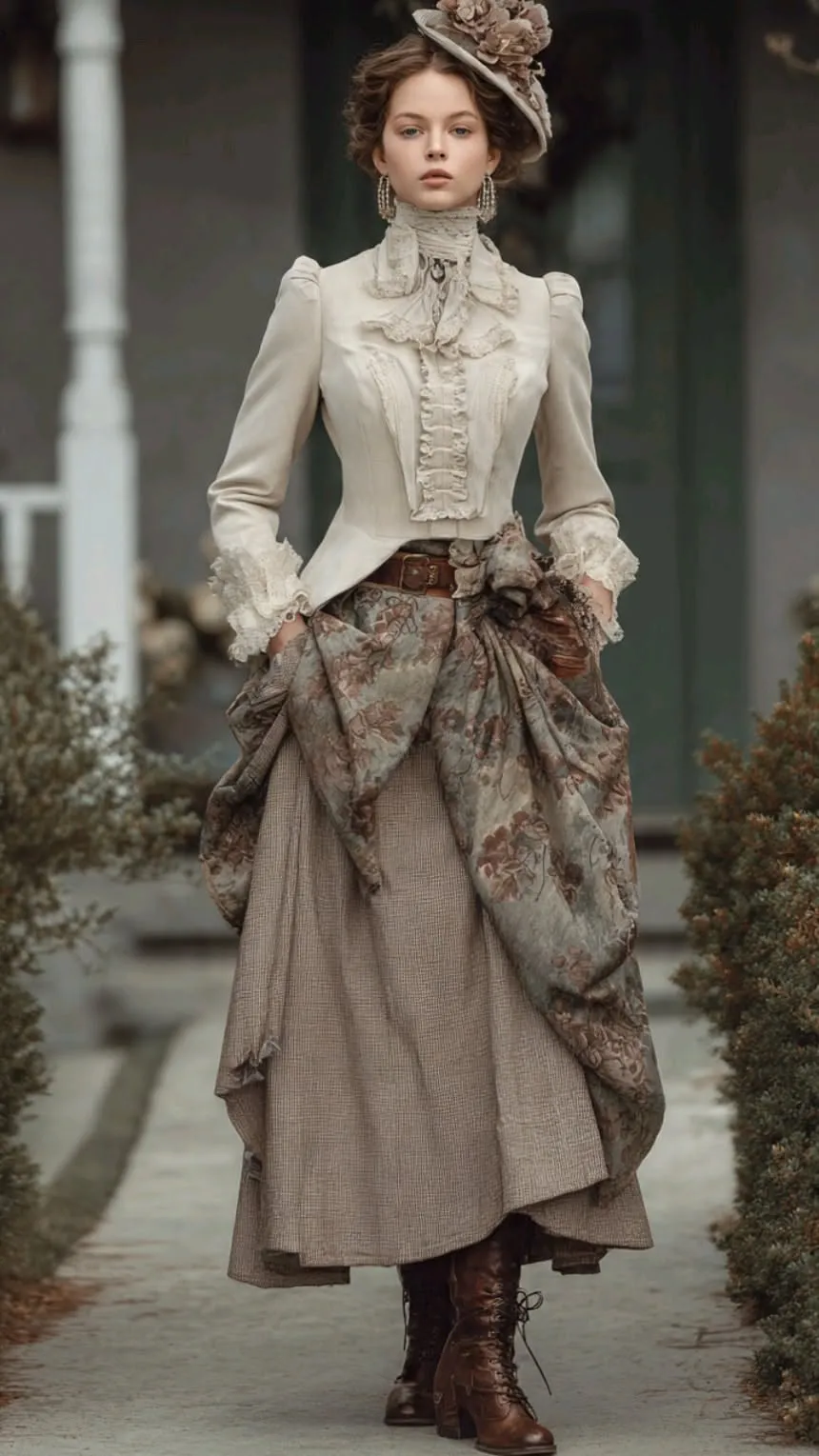 Victorian aesthetic — The high collar, lace details, bustle, and hat are all signature elements of the Victorian era dress described.