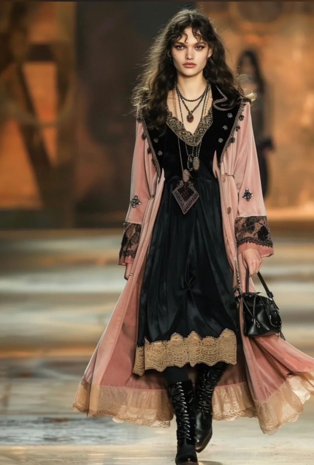 Witchcore aesthetic — The velvet cape, lace trim, layered necklaces, and dark palette strongly align with the description's visual signature and signature garments.
