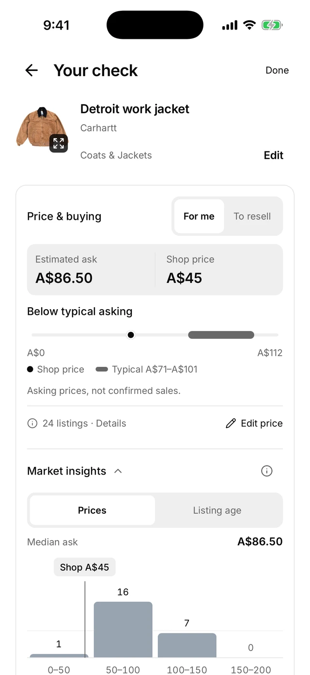 Shopfront Lens comparing a jacket's shop price with online asking prices